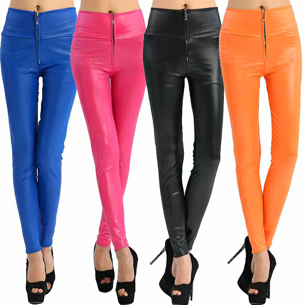 
Зимние Женские однотонные женские блестящие пикантные Панталоны из искусственной кожи на молнии с индивидуальным логотипом облегающие эластичные кожаные брюки для женщин 