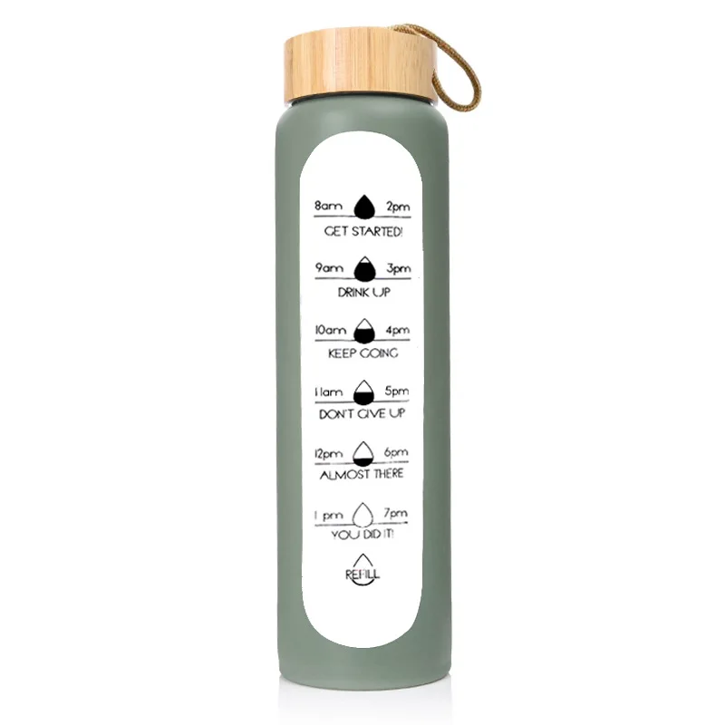 32OZ 1000ml bamboo lid glass bottle with time scale and silicone sleeve sport water cup bottle for Outdoor Travel Climbing