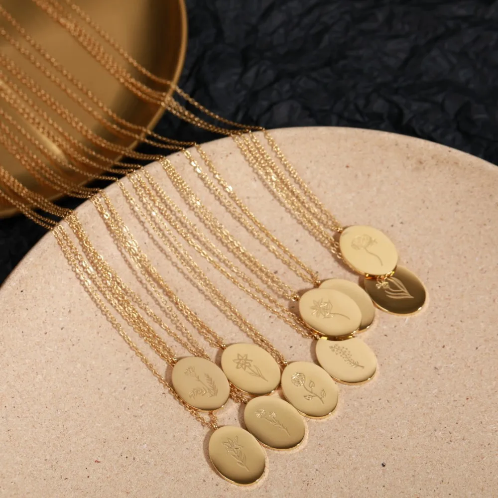 2022 Fashion Jewelry Real Gold Plated 316L Stainless Steel Embossed Flower Oval Pendant Necklace 12 Month Birth Flower necklace