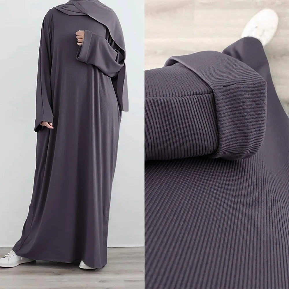 Plus Size Modest Islamic Clothing EID Ramadan Knitted Turkey Maxi Dress Muslim Fall Ribbed Abaya