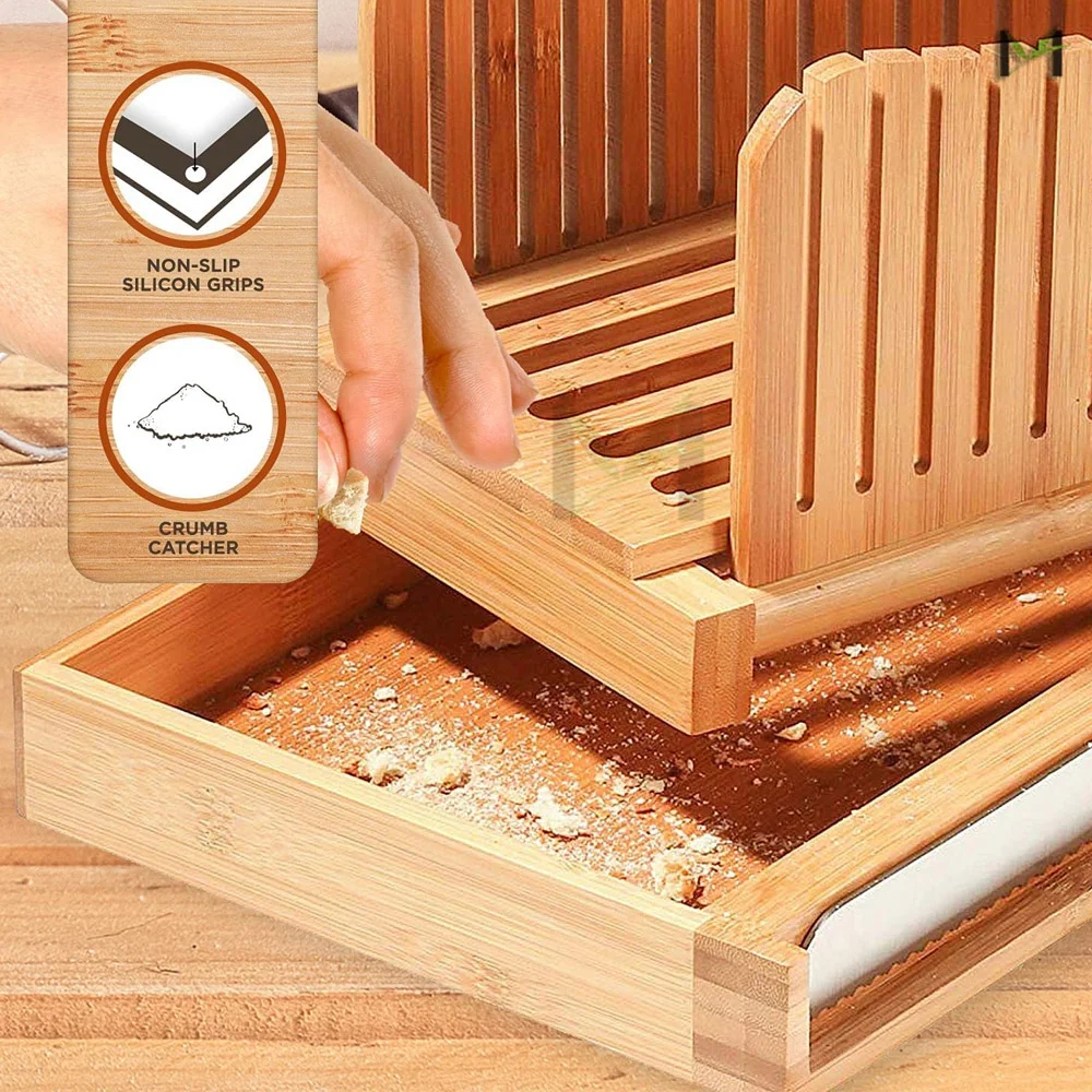 Amazon Top Seller Wholesale Premium Bamboo Bread Slicer with Knife and Crumb Catcher Tray