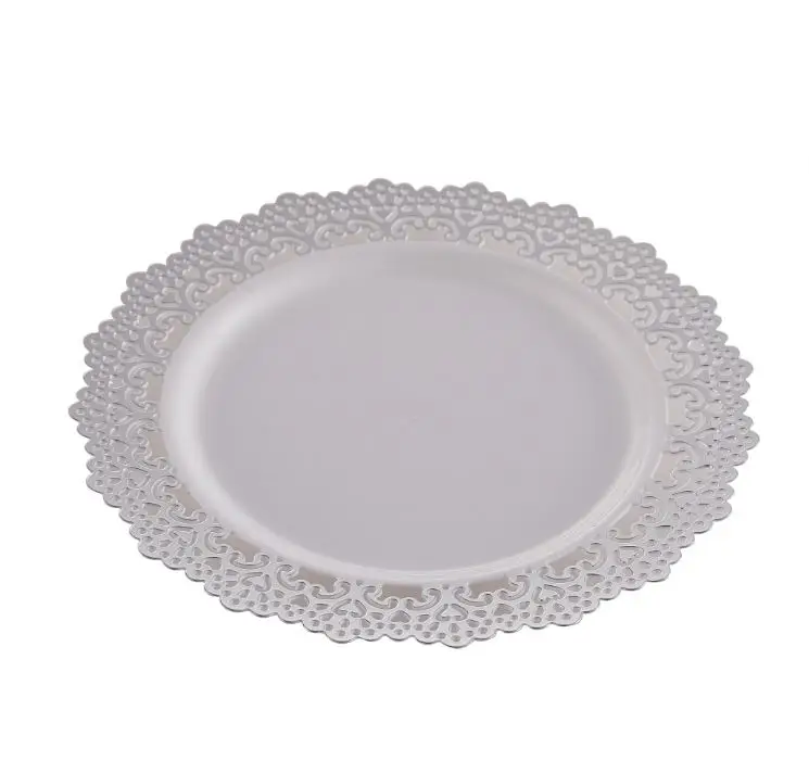 Woman Dresses New Arrivals 2024 Wholesale Cheap Wedding Decoration Party Plates White Lace Plastic Charger Plates Zhejiang Xueli