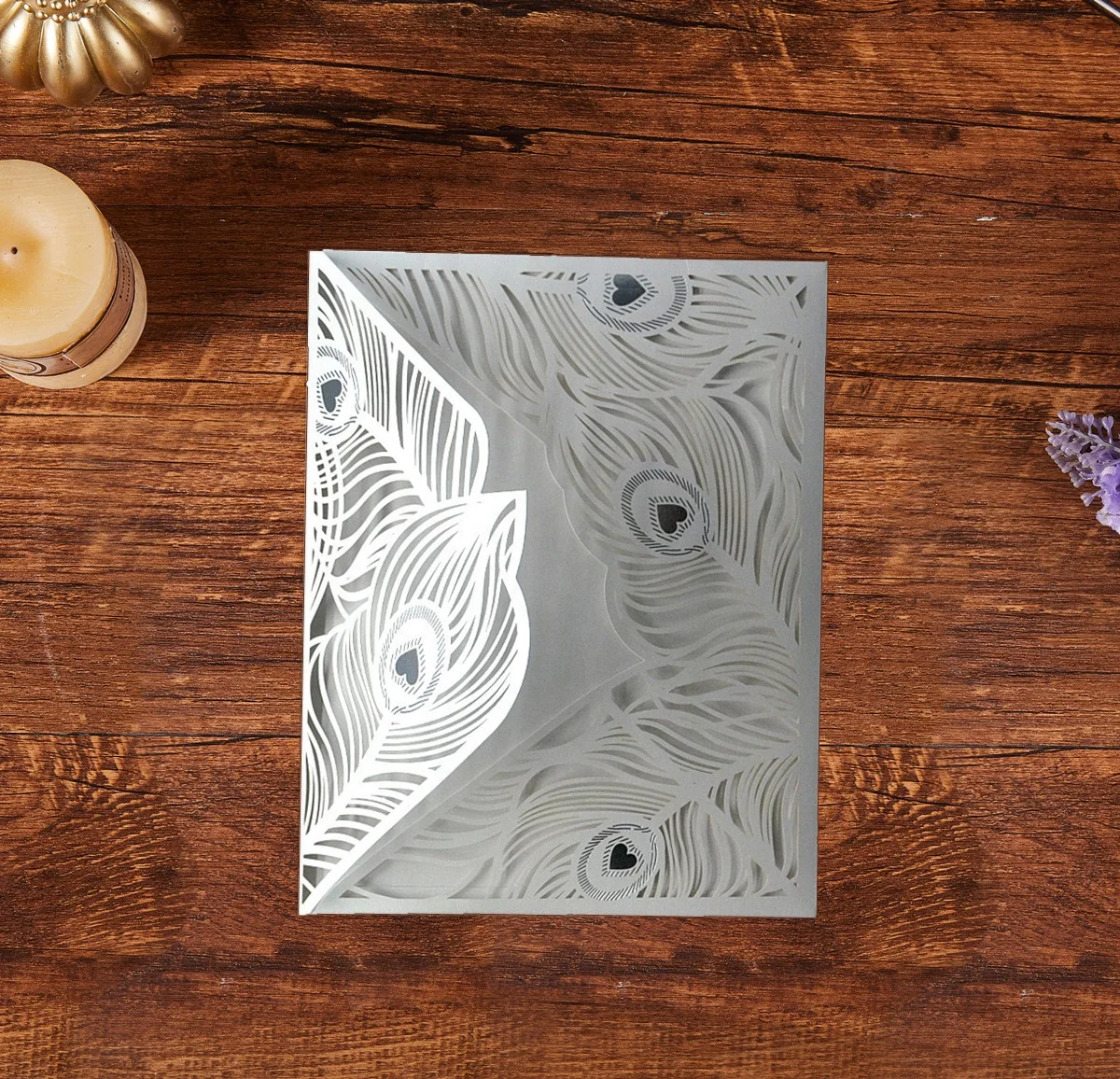Custom Laser cut peacock feather design laser paper party supplies wedding invitations card with envelopes set