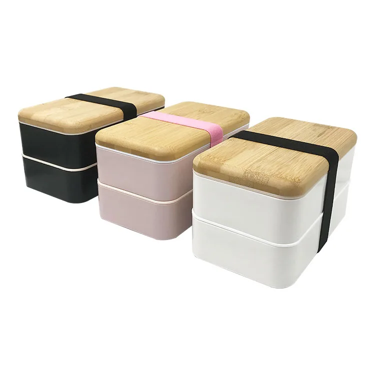 Double Layer Wheat Straw Bento Lunch Box With Bamboo Lid
