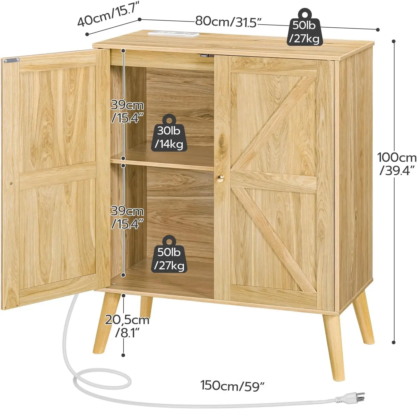 Sideboard Buffet Cabinet with Storage, Power Outlet, Kitchen Cupboard Adjustable Shelves for Living Room,