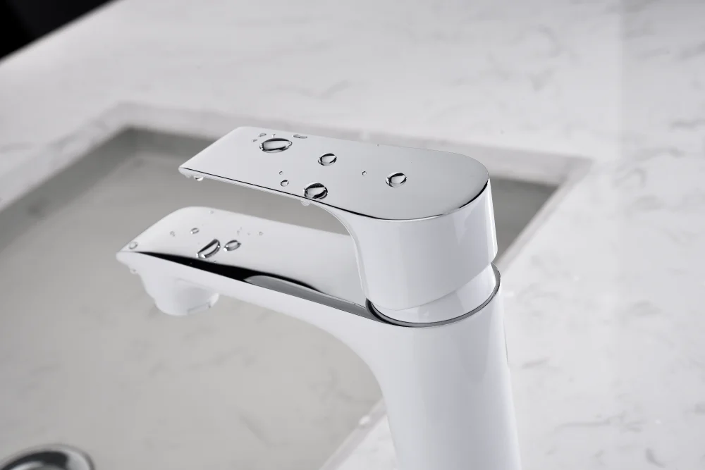 Bathroom Sink Tap Deck Mounted White and Chrome Color Basin Faucet Hot Cold Water Mixer Wash Hand Brass Body Factory Supplier