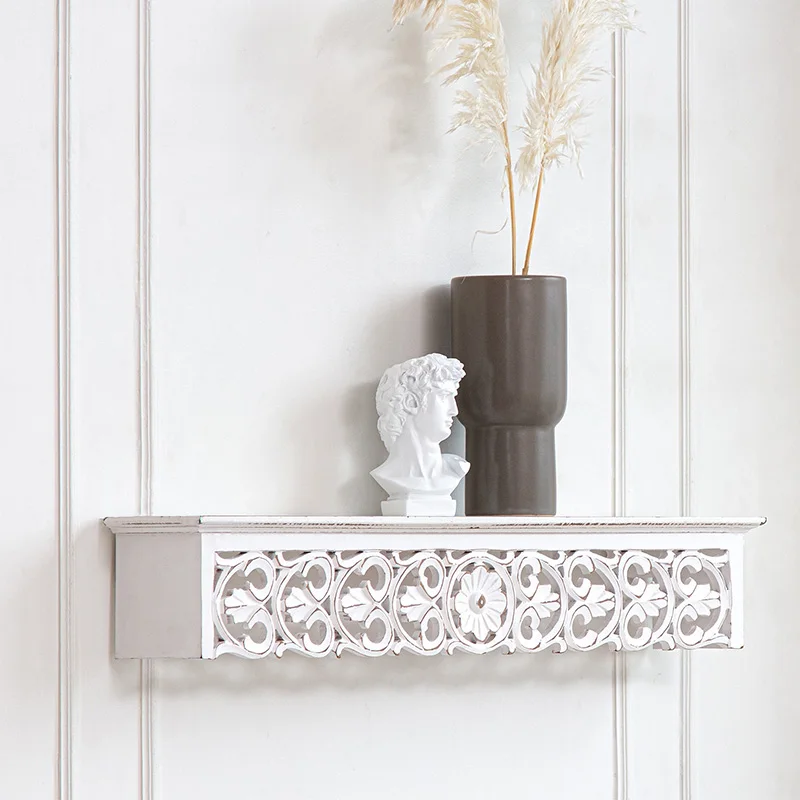 European Hanging Display Solid Wood Floating Shelves Kitchen Rustic Antique Organizer Holder Rack Carved Wooden Wall Shelf