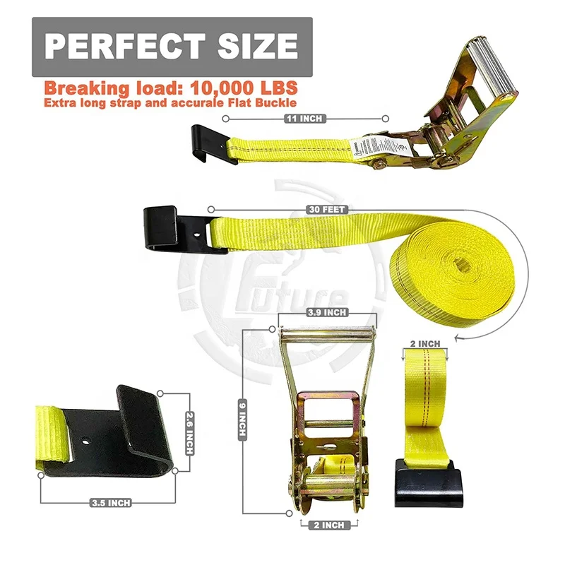 Heavy Duty Polyester 2 inch 10000lbs Ratchet Tie Down Strap Cargo Lashing Belt Strap With Flat Hook ratchet tie downs