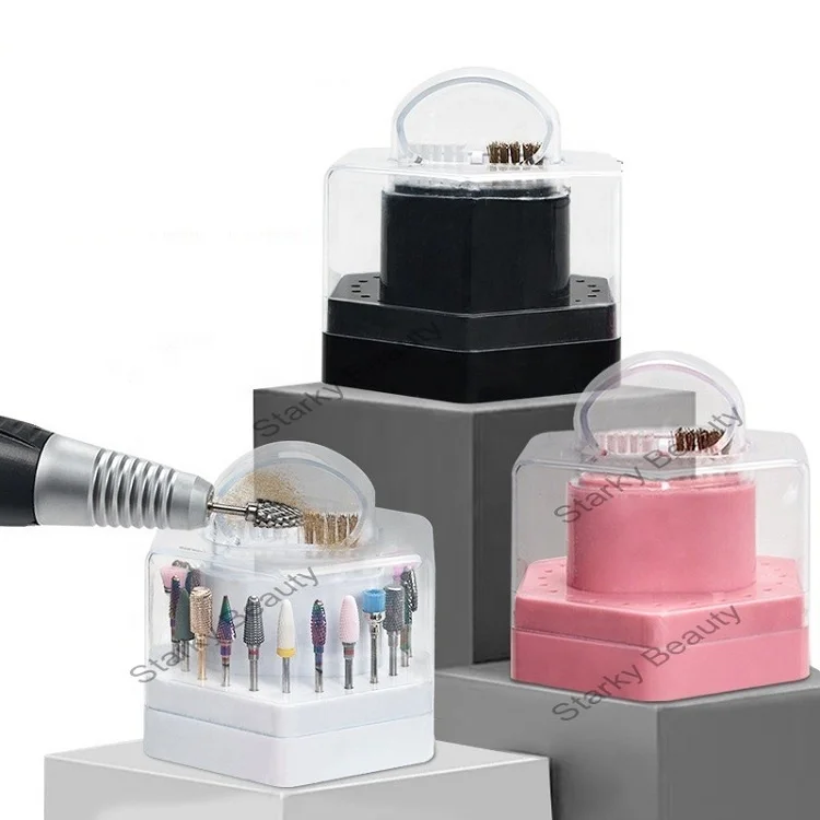 Plastic 2 In 1 Drill Bits Stand Case golden Copper Wire Nail Drill Bit Cleaning Brush Nail Drill Bit Storage Box With Brush