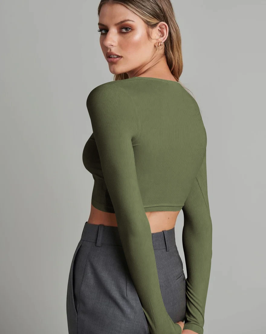 Fashionable Sexy Clothing Fall Shirt Ribbed Knitting Button Long Sleeve Croptops Sexy White Crop Tops For Women