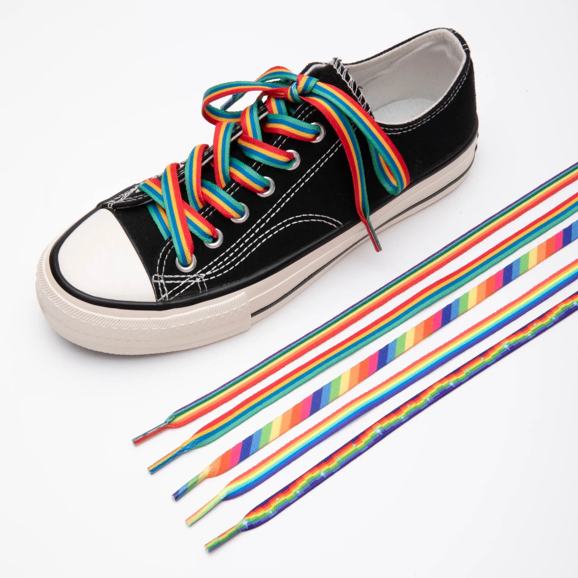 Wholesale Six-Color Gradient Flat Shoelaces Rainbow Pattern Casual Sneaker Shoes with 8mm Width Cross-Border shoelaces