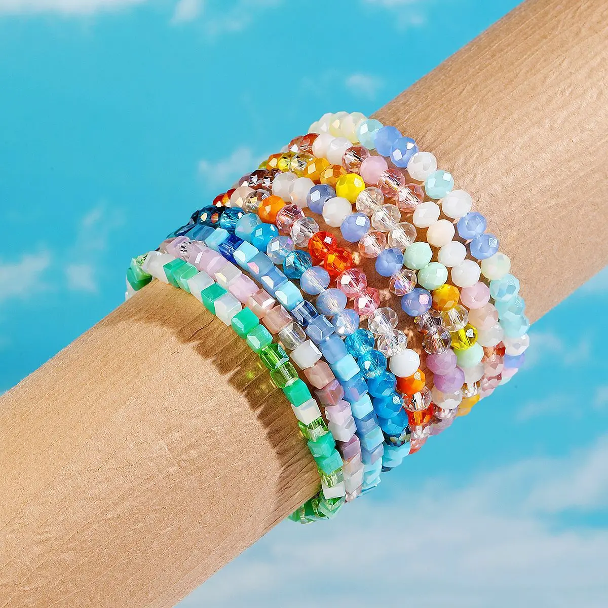 2024 New Bohemian Colorful Elastic Crystal Bead Charm Bracelet for Women Handwoven Cut Crystal Gravel Bead Bracelets