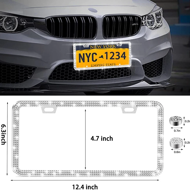Bling Rhinestone License Plate Frame for Women Thin Border Luxury Diamond License Plate Frames Sparkly Stainless Steel
