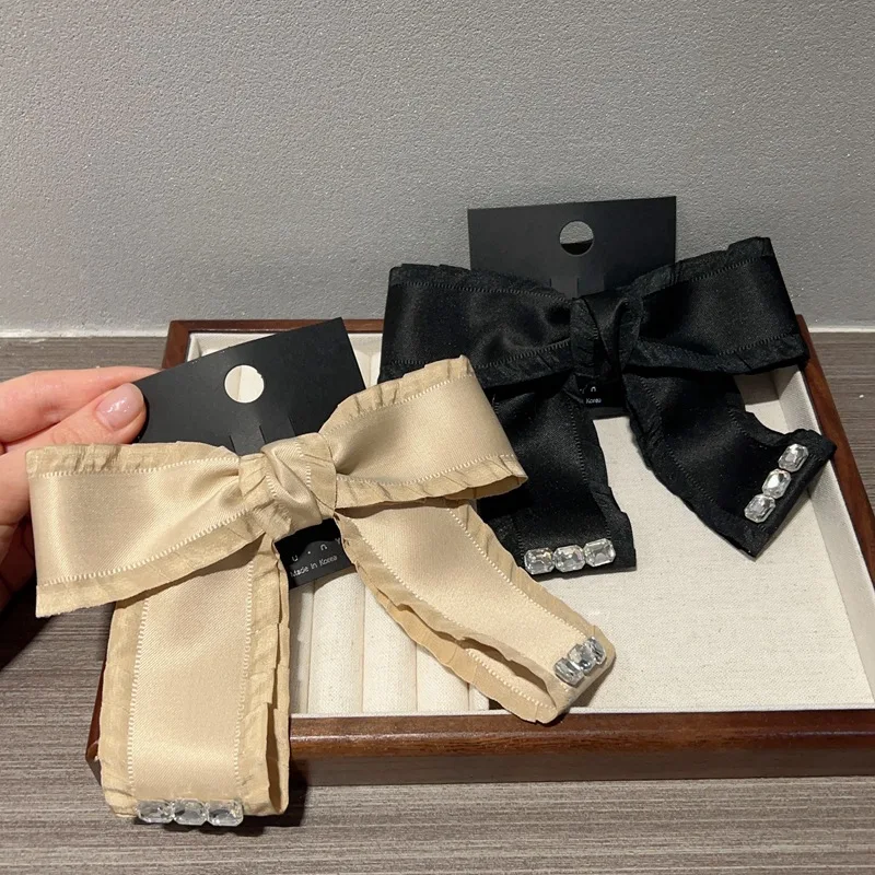 Fashion Satin Solid Color Bowknot Rhinestone Hair Clips Girls Bow Clip Crystal Hairgrips Butterfly Barrettes Headwear Hair Bows