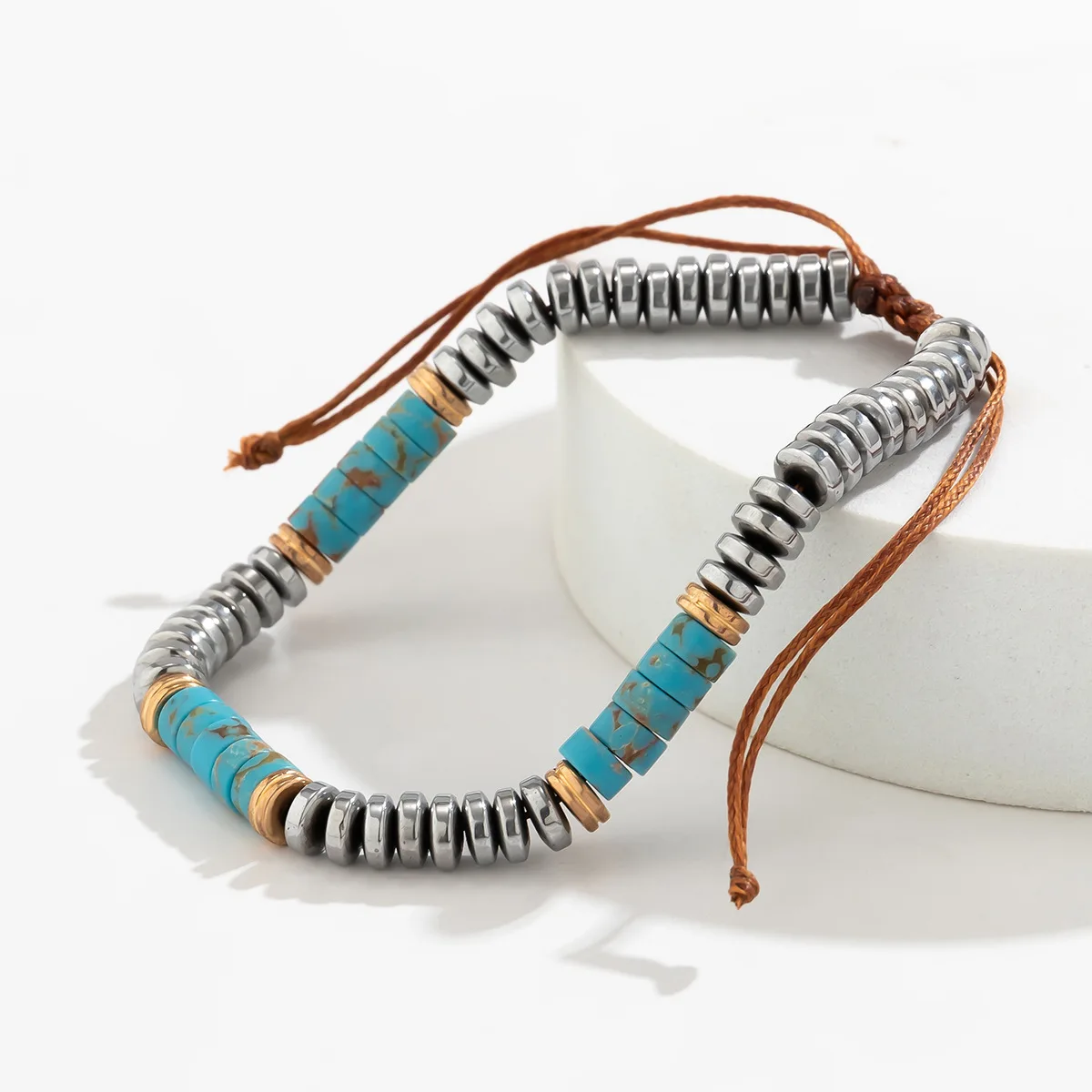 Fashion Statement Hip Hop Men Handmade Woven Adjustable Flat Round Spacer Beads Hematite Turquoise Stone Beaded Bracelet for Man