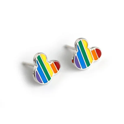 925 Sterling Silver Earrings Enamel Glue Drops Oil Rainbow Mickey Mouse Earrings Cartoon