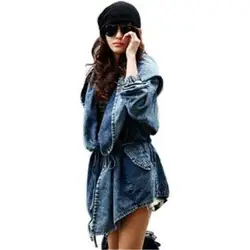 CUHAKCI Newest Style Lady Autumn Winter Loose Hooded Jean Jacket Long Sleeve Mid Length Windbreaker Coat Woman Denim Jacket