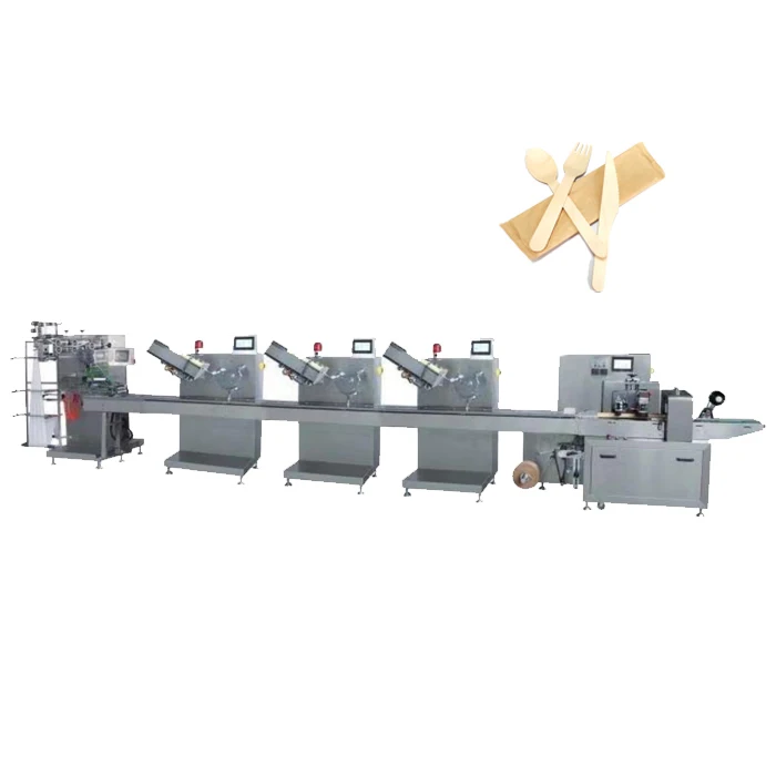 High Speed Automatic Packing Machine Packaging Automatic Wooden Spoon Fork Knife Napkin Pack Line