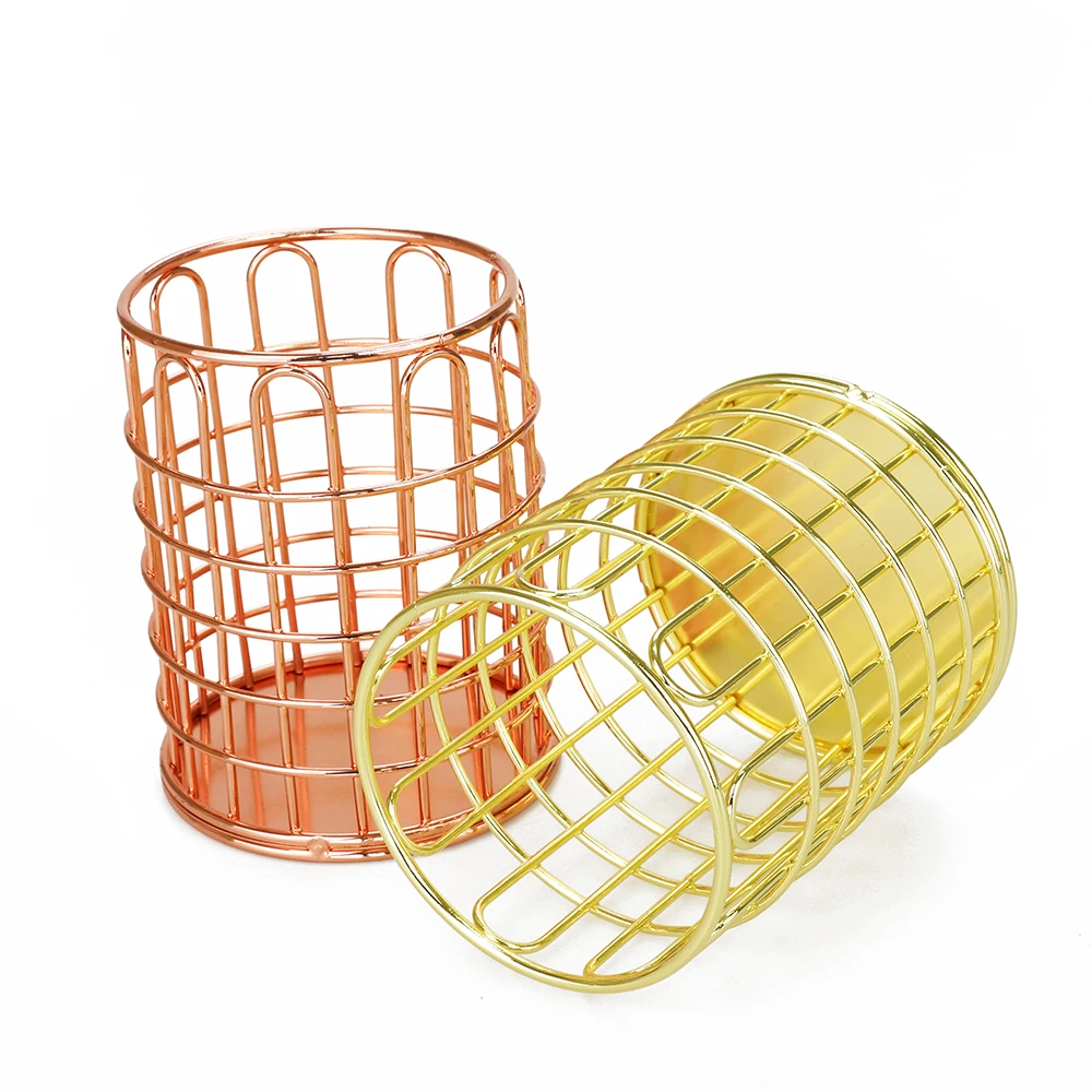 Rose Gold Metal Mesh Desktop Organizer Iron Round Pen Holder Pencil Storage Container for Home Office