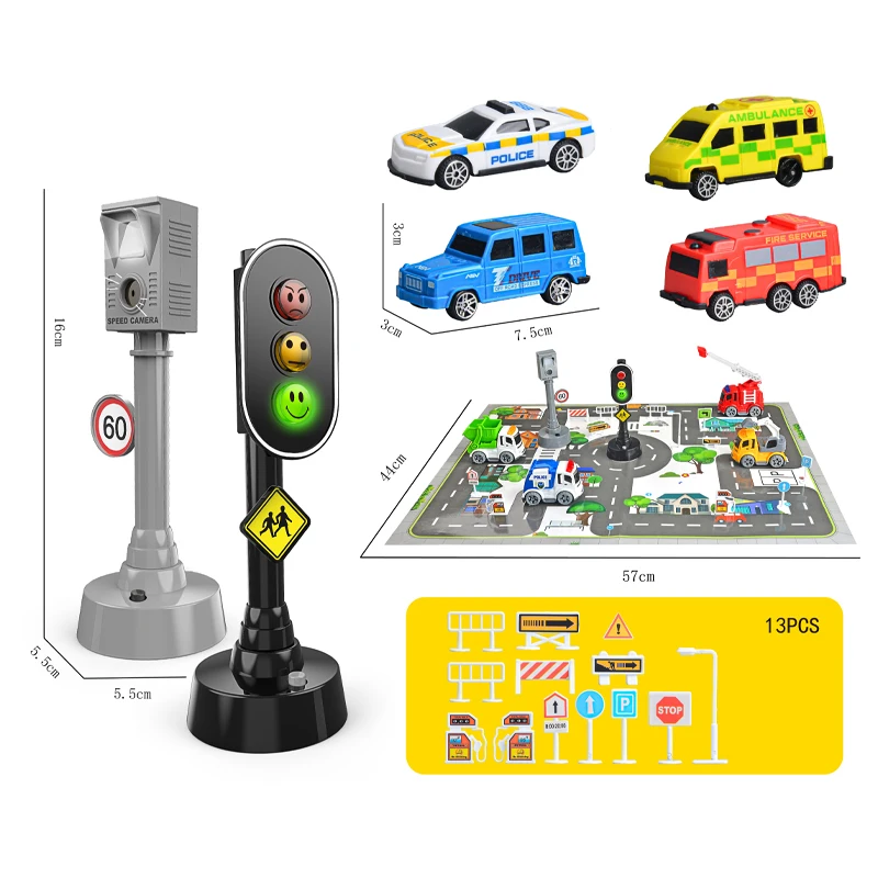 DIY Traffic Light Toy Set with Mini City Cars Educational Role Play Road Scene Toy with Road Play Mat Electric Traffic Light