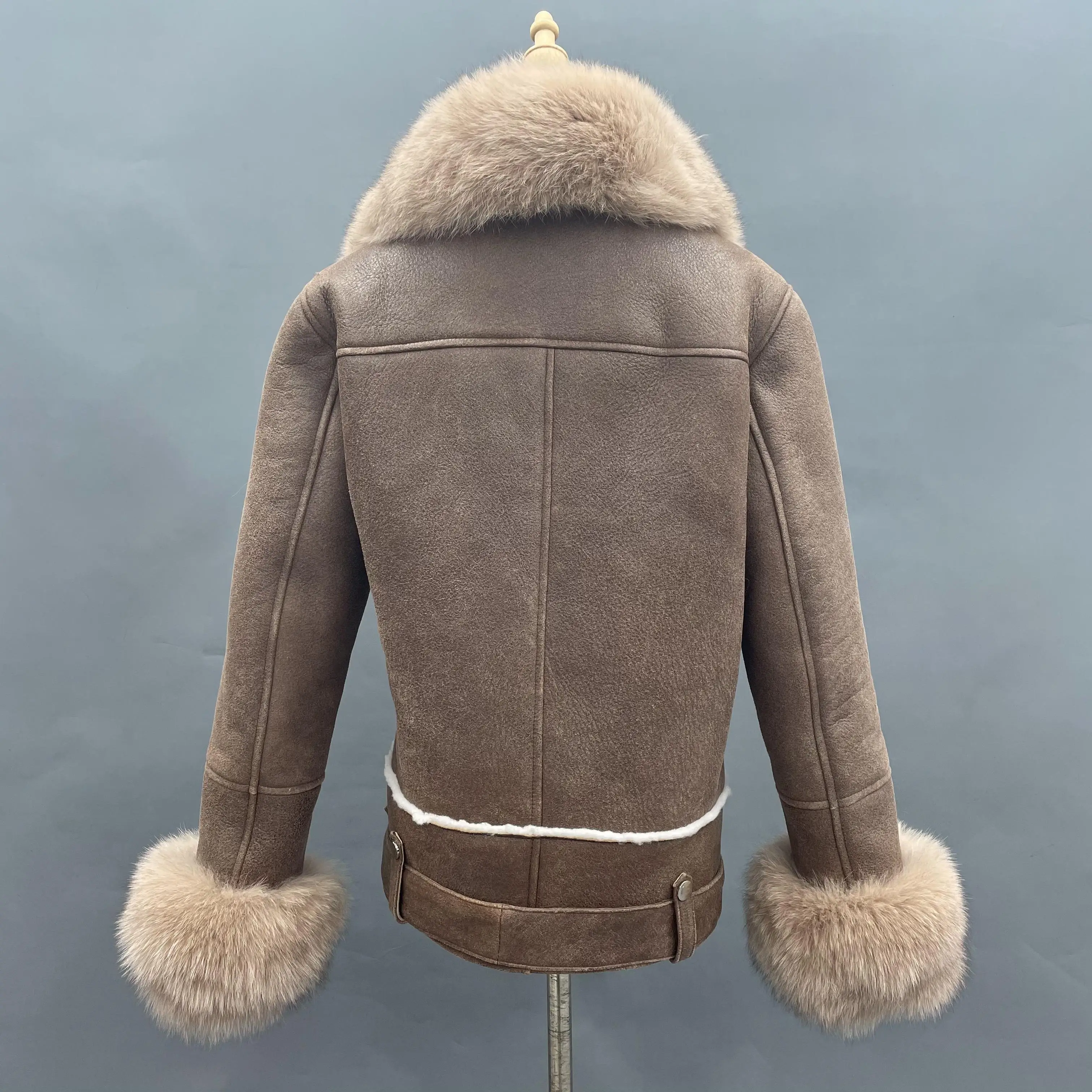 Y2K Model Street Womens Luxury Big Fur Collar Double-faced Leather Fur Jacket