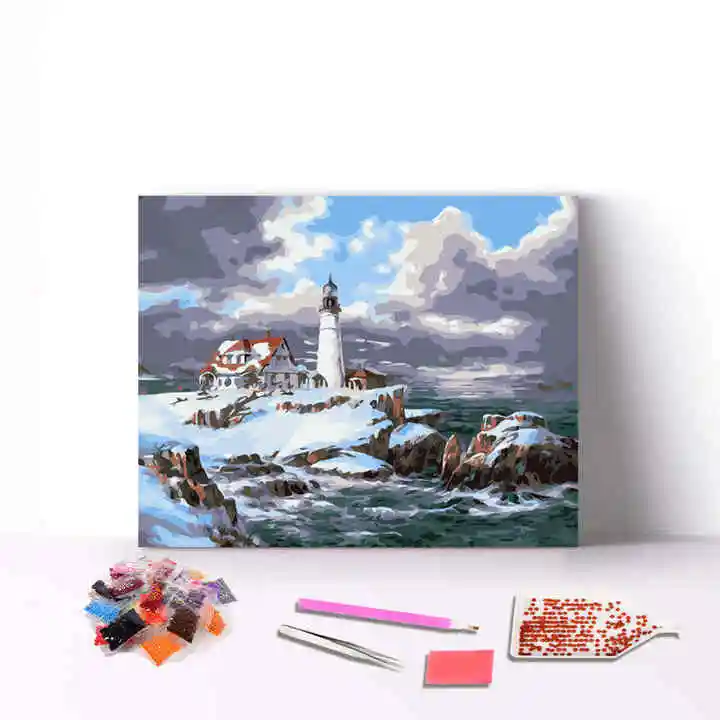 Rainstorm Seaside Lighthouse Sea Waves Beating Coast 5d Round Drill Diamond Painting for Adults