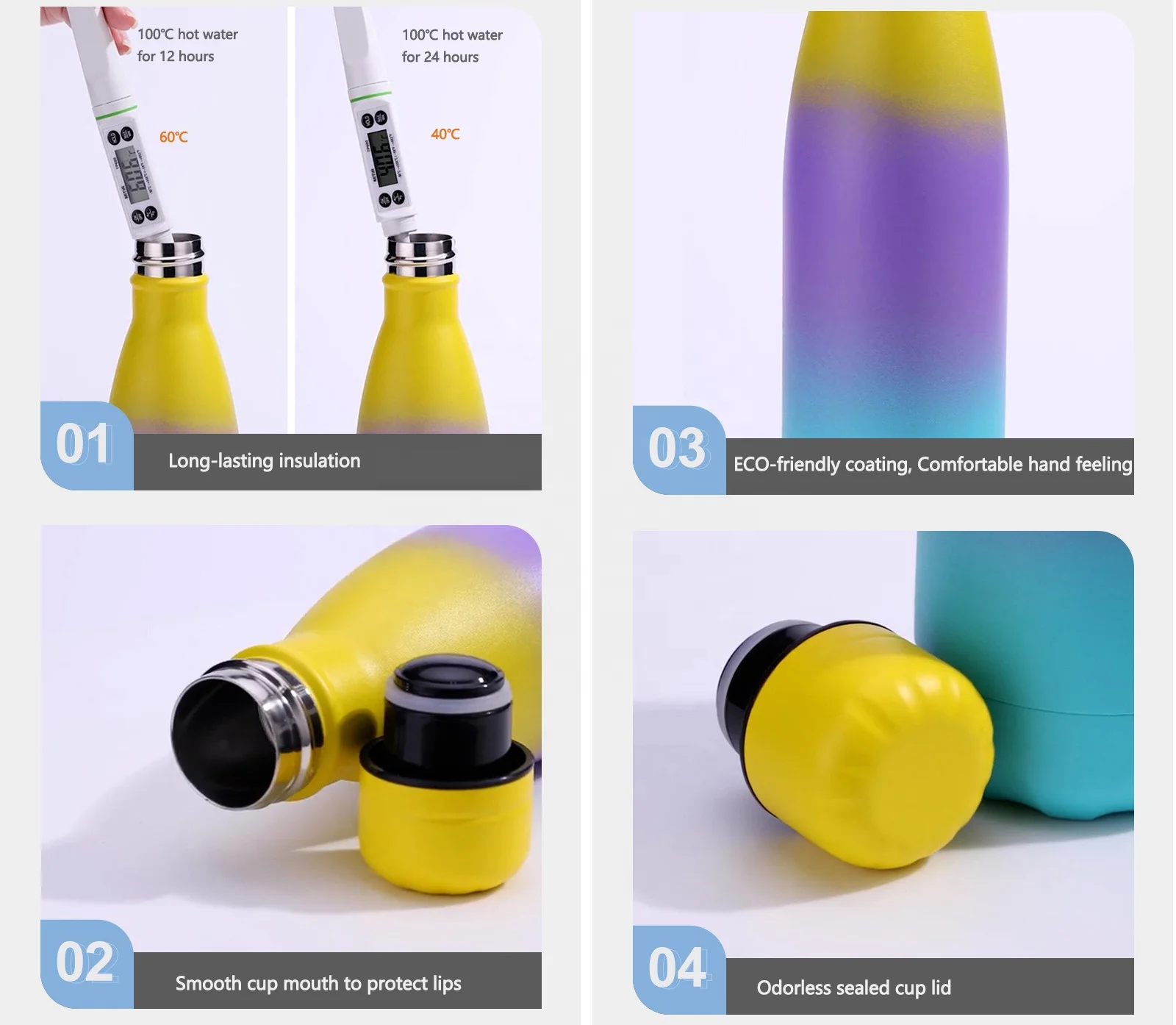 Beauchy Insulated Water Bottle Double Wall Vacuum Stainless Steel Water Bottles Metal Sports Insulated Thermal Water Bottle