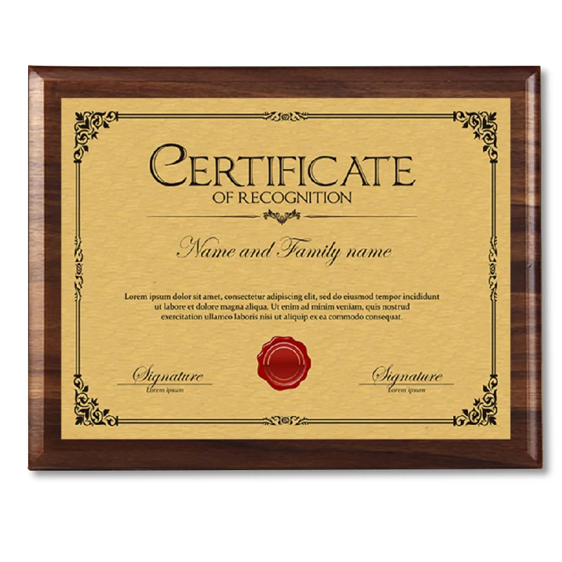 wooden custom authorization certificate gold brass metal award plaque