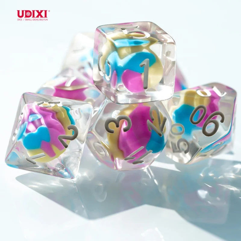 Udixi Plastic Polyhedral Resin RPG Dungeons and Dragons custom logo Cotton Candy Dice Set