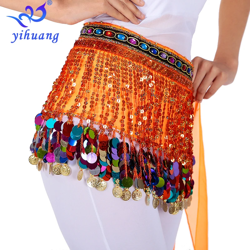 Women Hot Sale Halloween Costumes Hip Skirt Sexy Sequined Tassel Bellydance Hip Scarf Festival Wrap Mini Skirt with Sequins Coin