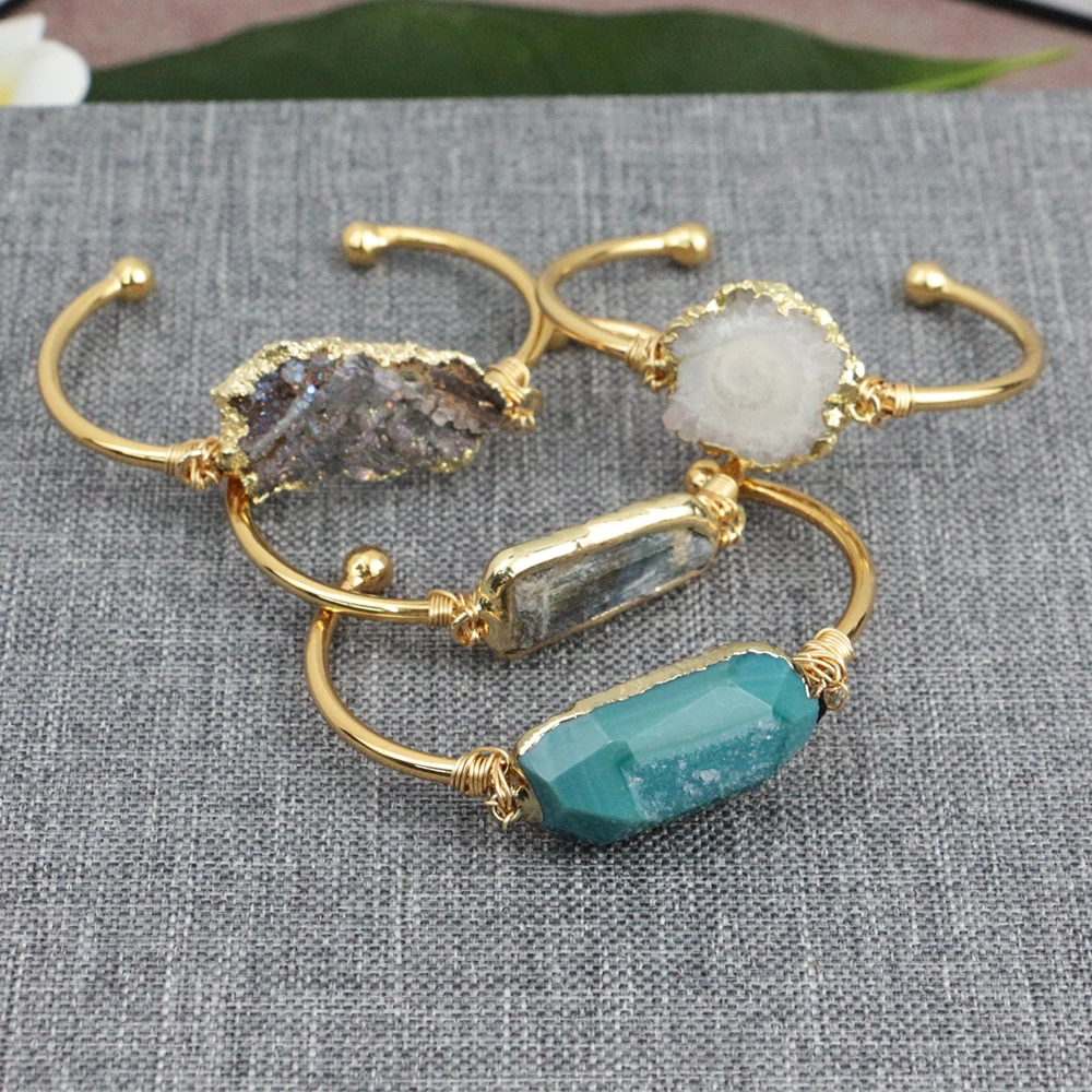LS-D1374 Wire Wrapped Natural Solar Quartz Druzy Bangle Natural Sun Flower Bracelet Blue Kyanite Bangle