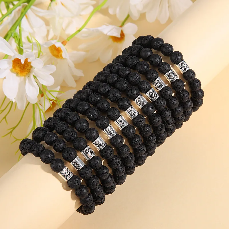 Mens Black Natural Volcanic Lava Gemstone Bracelet 8mm Natural Stone Beads Bracelet 12 Zodiac Black Obsidian Bracelet