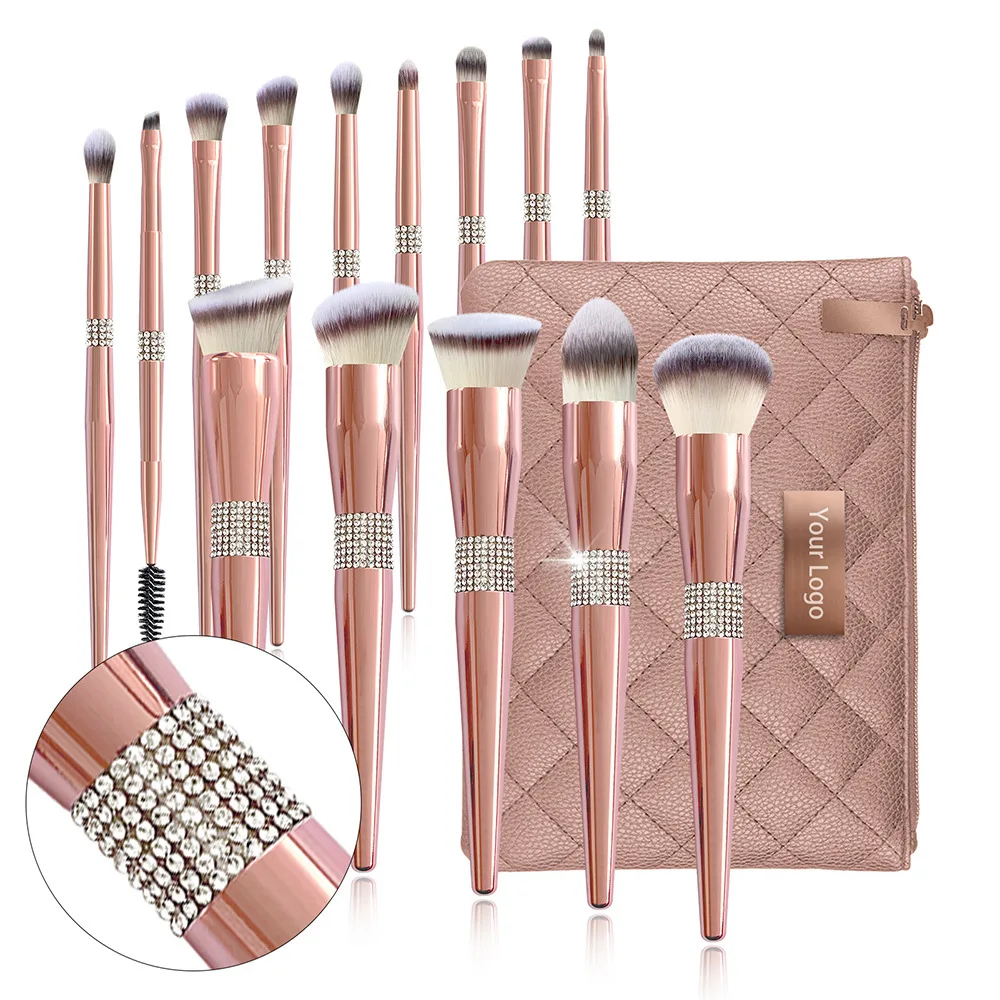 
Rose Golden Pink Diamond Custom Logo Private Label Glitter Package Box Makeup Brushes Set 