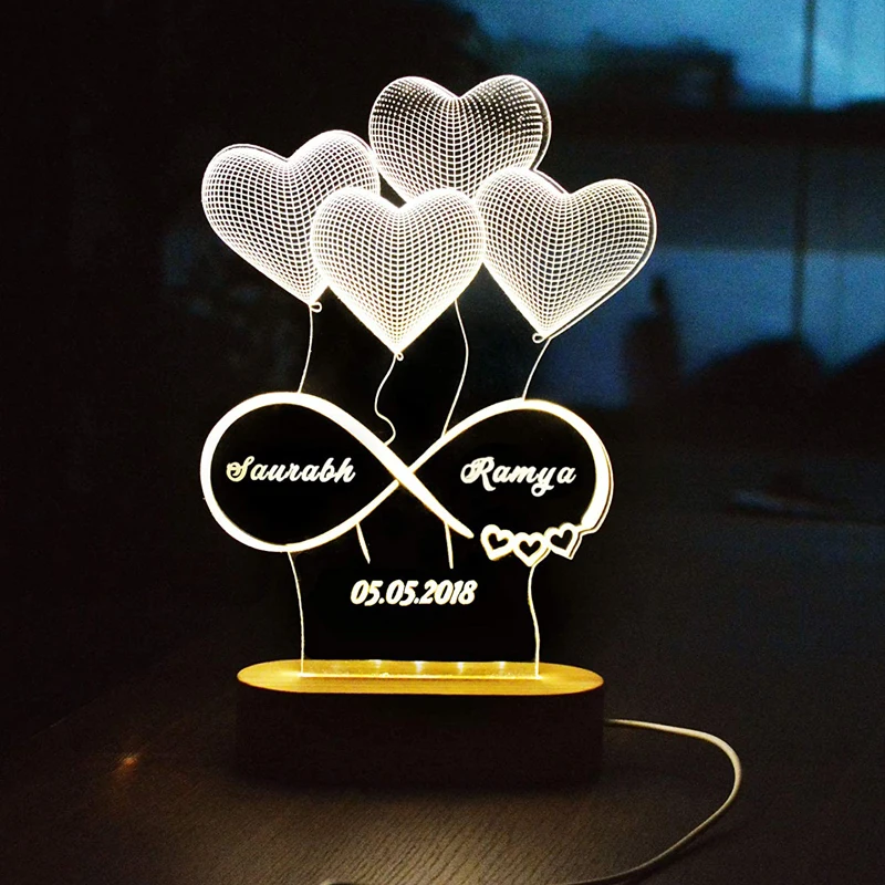 Diy Custom Creative Kids Room Gift Loving Heart Acrylic Wooden Base RGB LED 3D Night Light