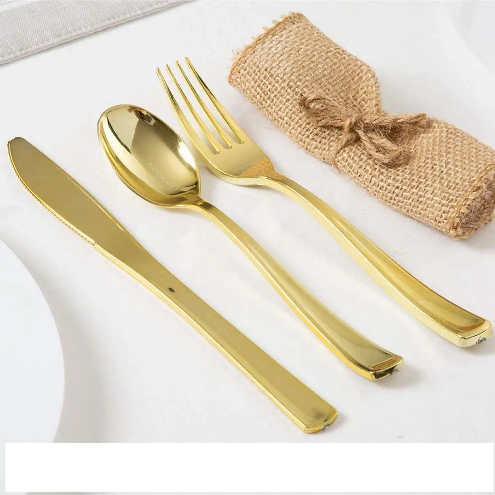 Gold Plastic Silverware- Disposable Flatware Set-Heavyweight Plastic Cutlery- Includes 100 Forks, 100 Spoons, 100 Knives
