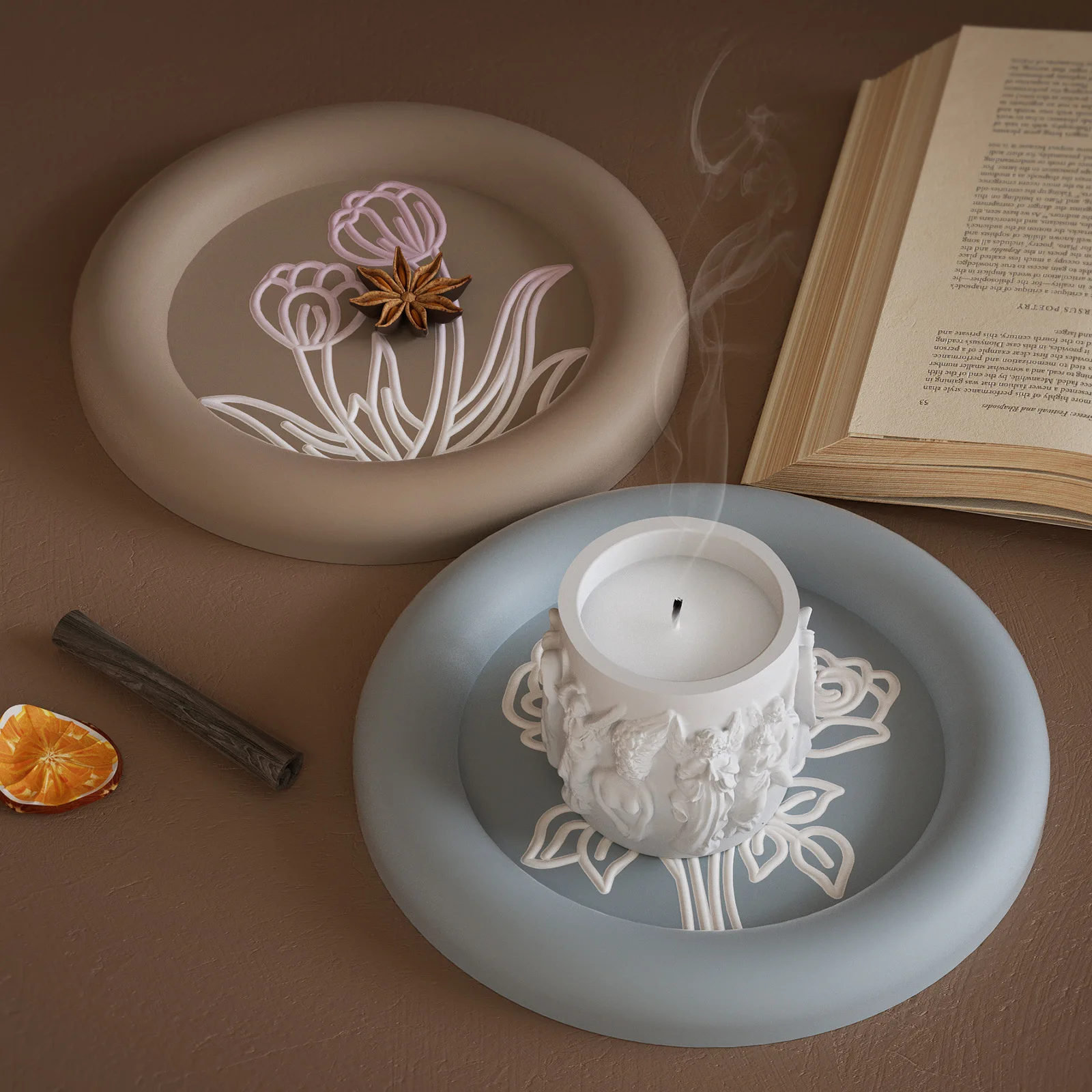 DIY epoxy resin gypsum round arc rose tulip embossed pattern tray saucer silicone mold