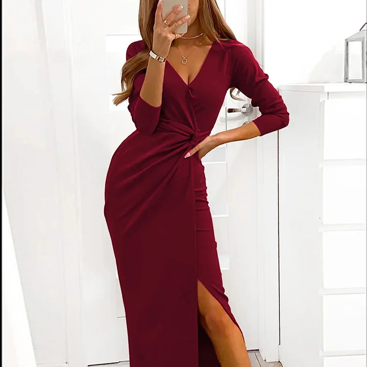 China supplier Floor-Length V-neck Collar Casual Solid Color Elegant Slim-fit Dress