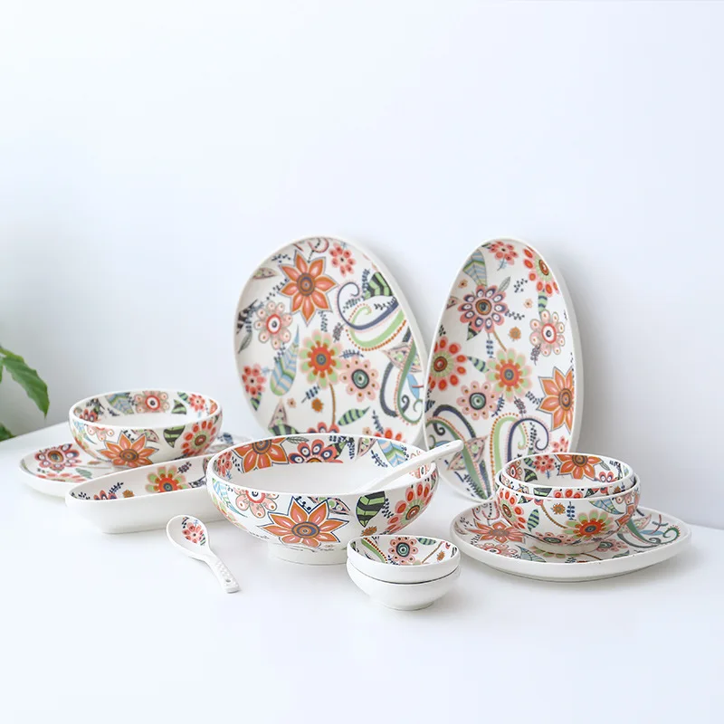 Flower Design Round Shape And Plate And Dishes & Plates Dinnerware  Bowl Set With Spoon