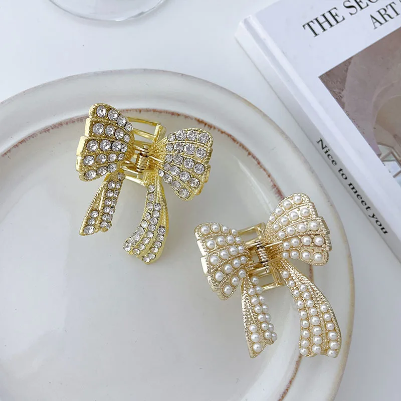 Korean Temperamentalalloy Pearl Rhinestone Bowknot Hairpin Pan Hair Grip Shark Clip Side Clip