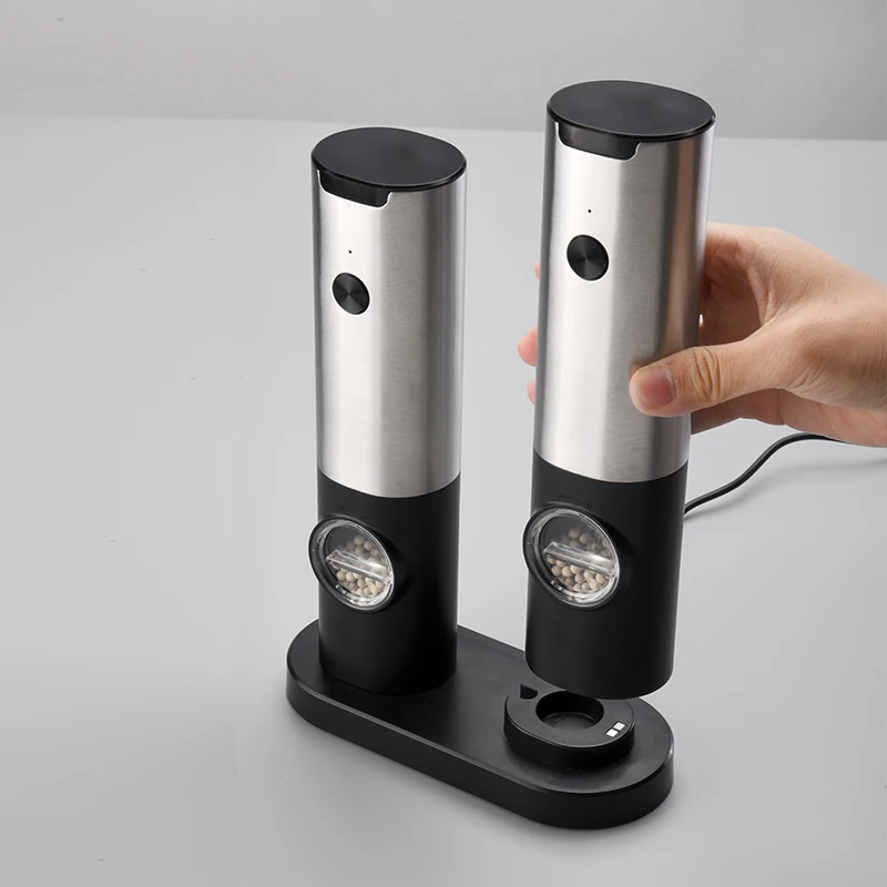 Rechargeable Usb Stainless Steel  Manual Spice Mill Gravity Electric Salt And Pepper Grinder Set