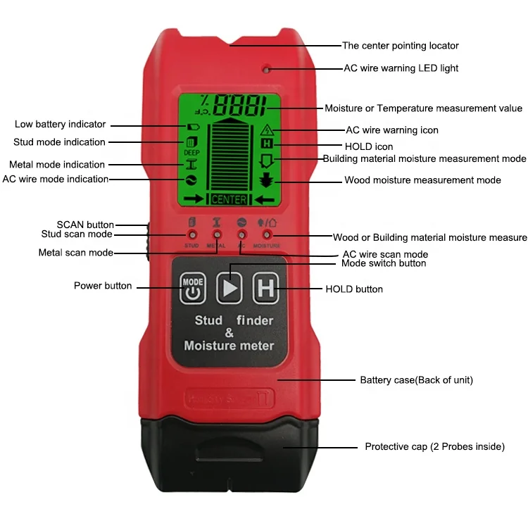 7 in 1 Multi-Purpose LCD Display Moisture Meter for Temperature/Wood/Building Material Humidity Tester and Digital Stud Finder