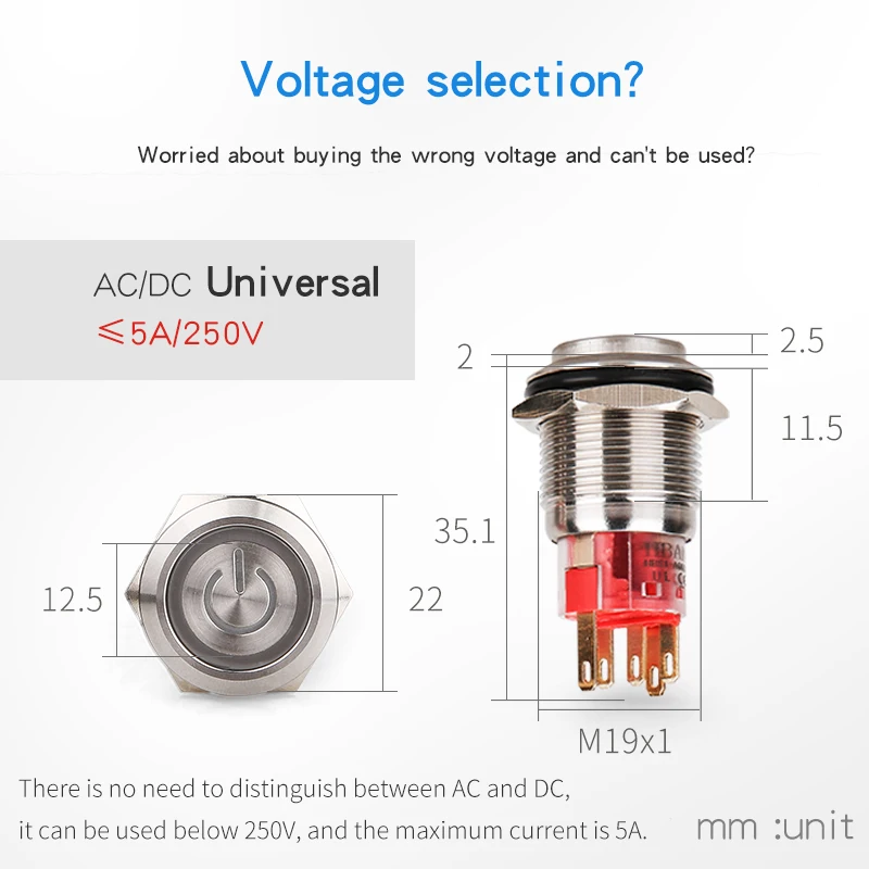 Ring led 12v red waterproof button on off 1no1nc Black coating red ip67 switch 19mm 3v green