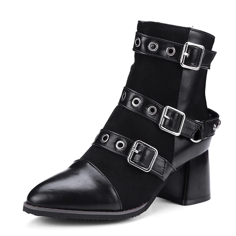 Boots Motorcycle Punk Boots Side Zipper Metal Buckle Platform PU Leather Women Ankle Boots 2021 Fall Winter High Heels Shoes 45