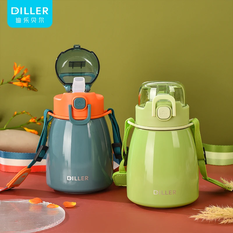 Customized Logo Straw Flask 600ml High Quality Vacuum Stainless Steel Bottle Portable Potbelly Thermo With Straps