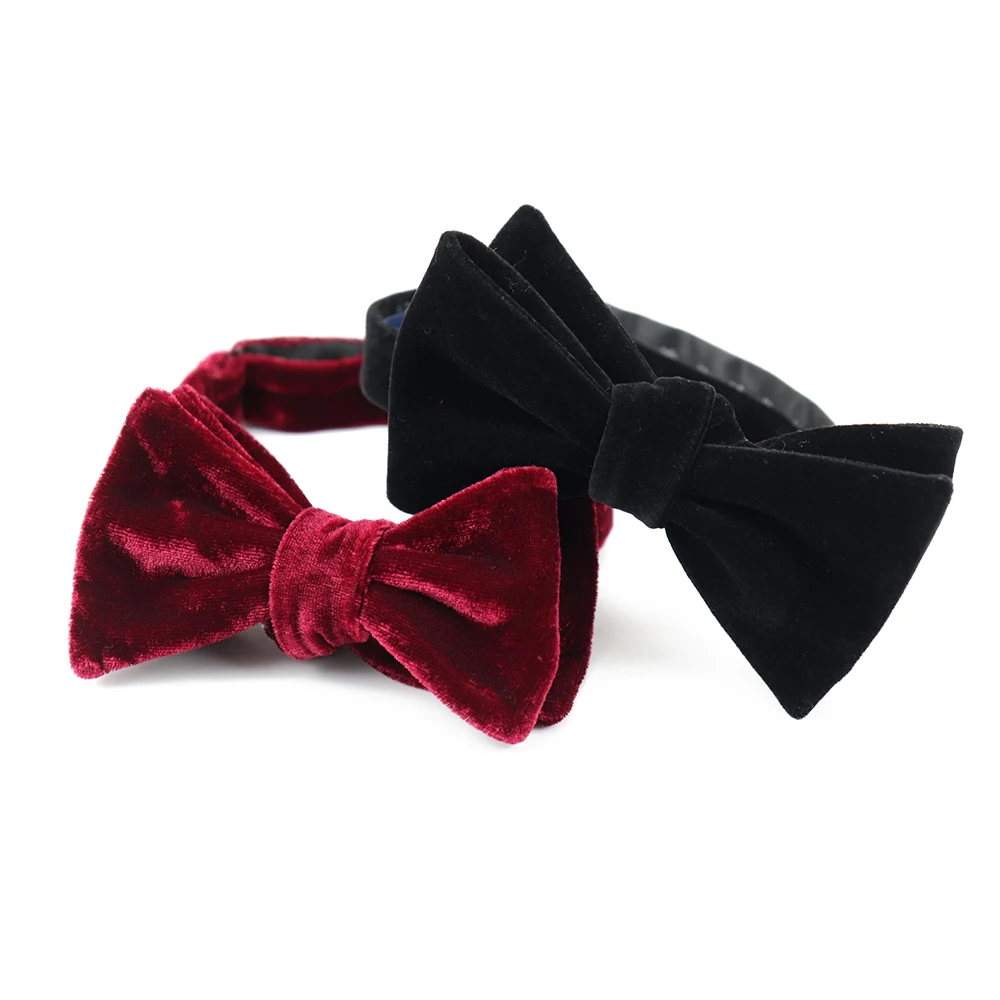 2022 Custom Design Polyester Velvet Adjustable Self Tie Mens Solid Burgundy Red Black Velvet Bow Tie