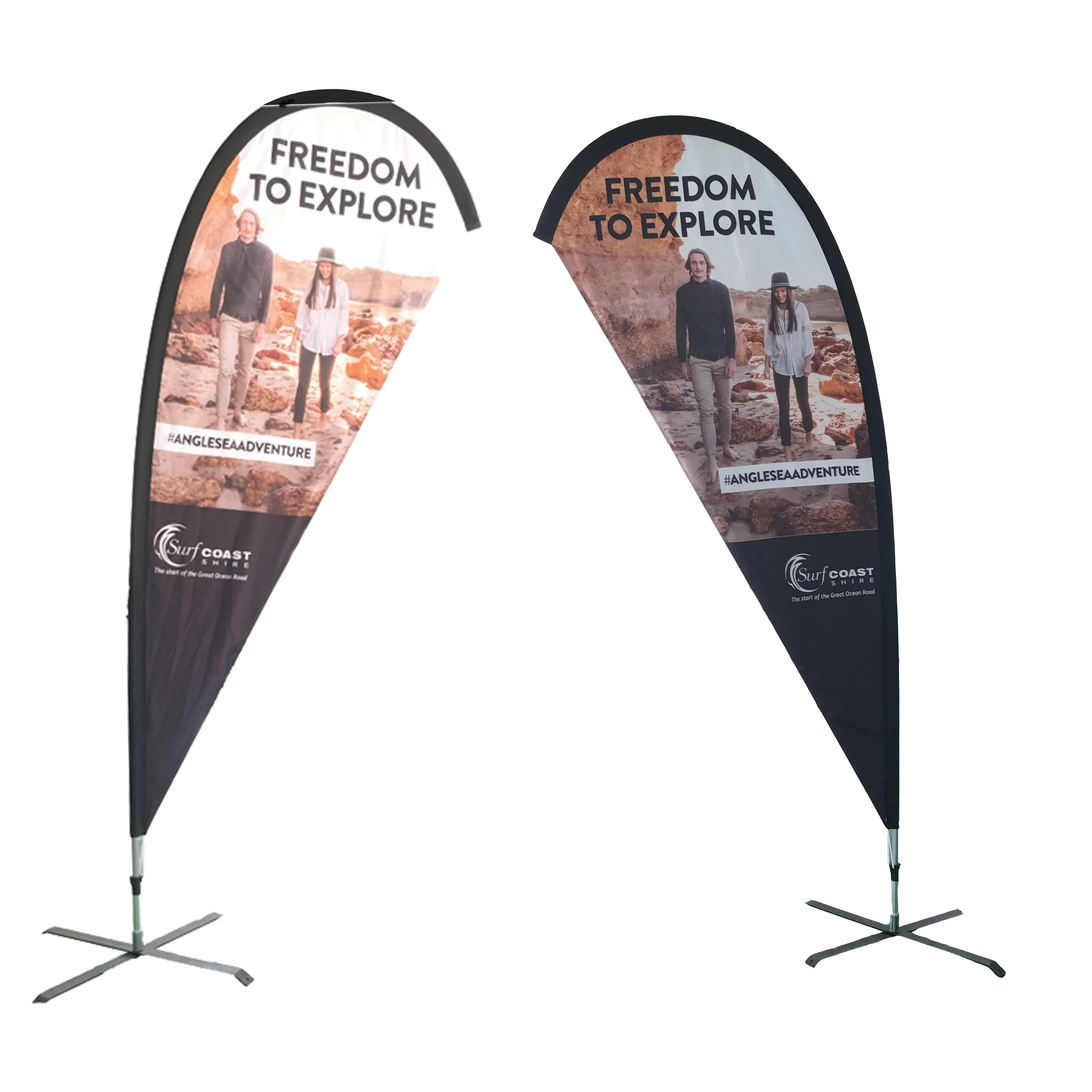 Premium Polyester Double Sided Teardrop Feather Shaped Beach Flags Banners For Trade Show