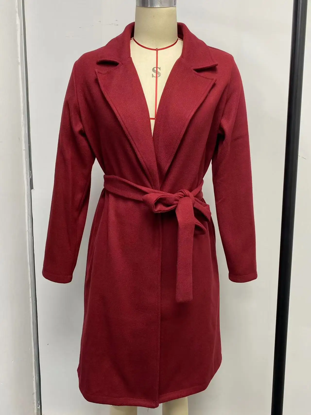 2024 Autumn and Winter Fashion Simple Temperament Long Sleeve V-neck Bandage Wool Coat Women Coat Outwear