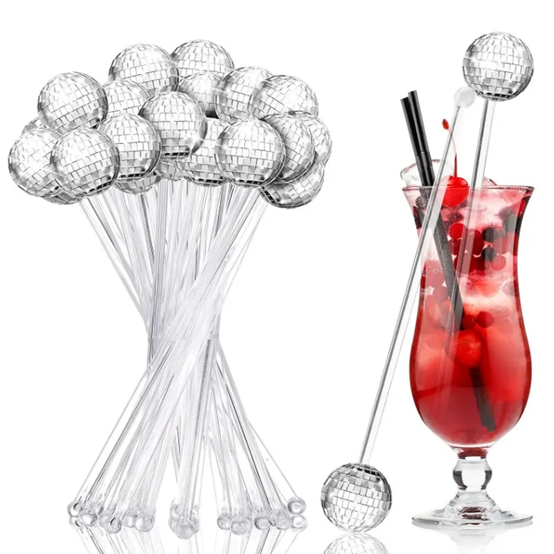 Factory Price 20cm Party Deco Reusable Drinking Cocktail Beverage Stirrer Swizzle Stick with Disco Ball