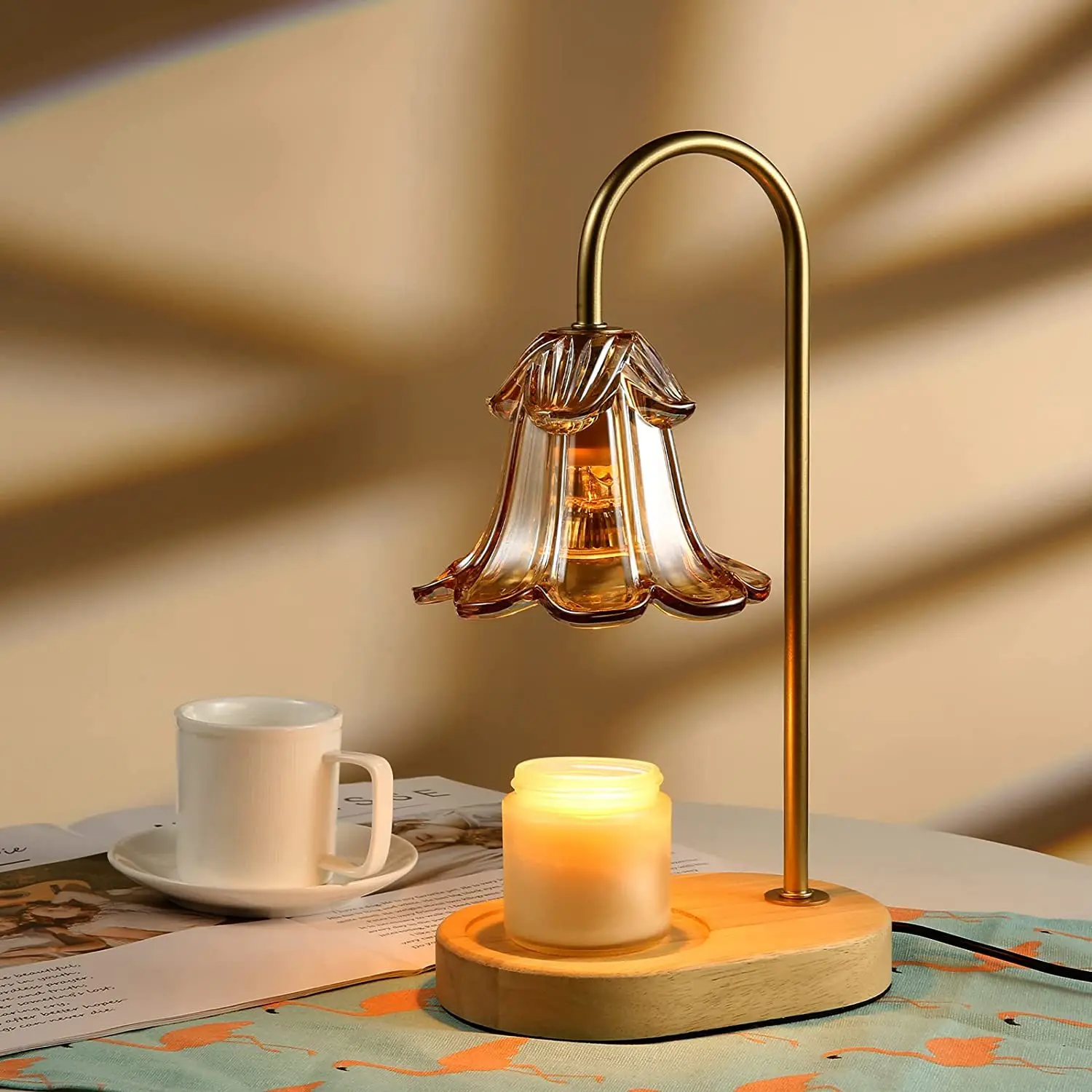 Solid Wood Base New Fire Free Glass Essential Oil Electric Candle Warm Lamp