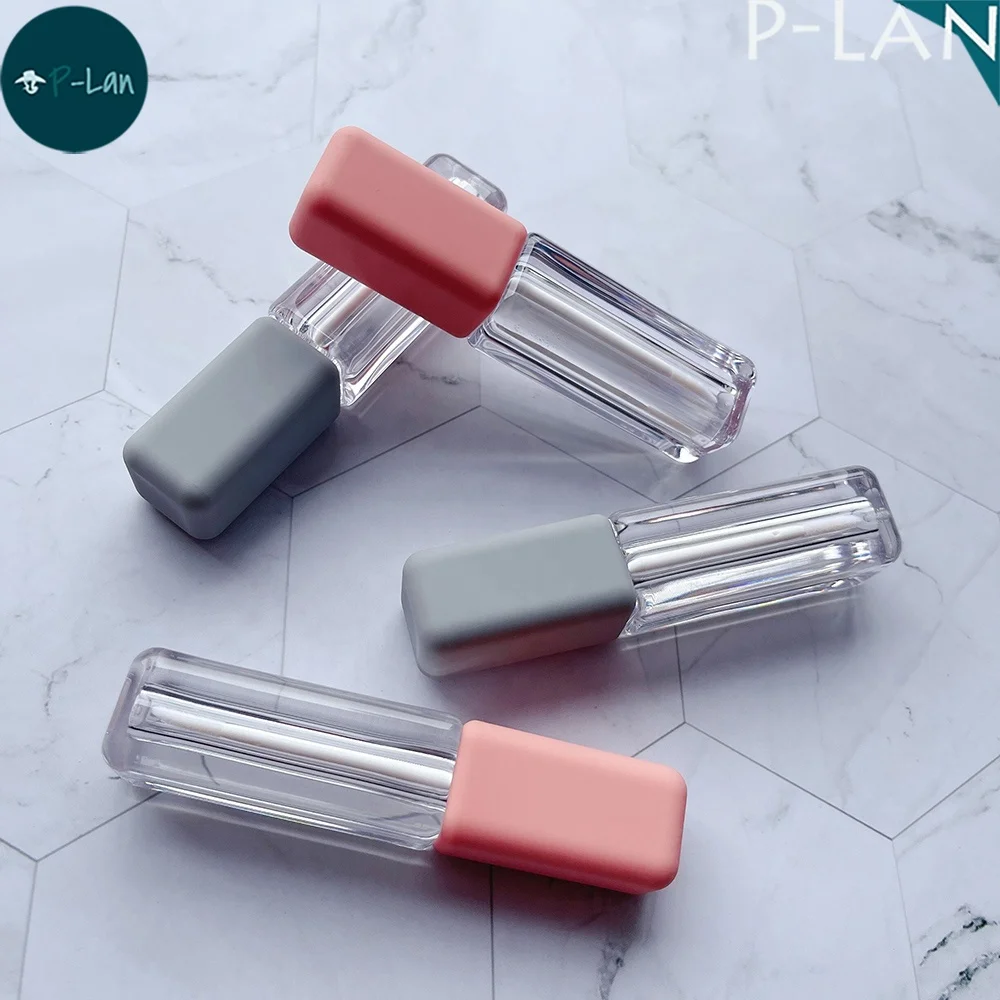 P-LAN Stock Ready Item Soft Touch Pink Grey Cap 2.5ML Empty Ligloss Bottle Square Mini Lip Gloss Tube Container With Doe Foot